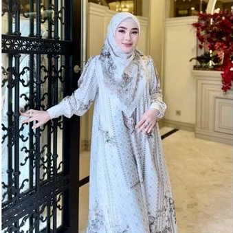 Sheila saukia gamis ss print original 100% putih monogram,set hijab