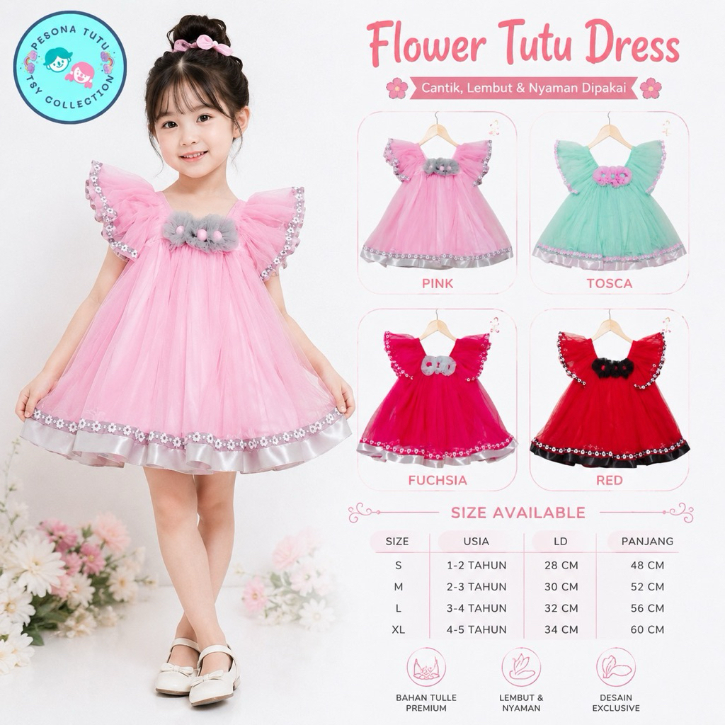 DRES TUTU ANAK PEREMPUAN / DRES ANAK RENDA BUNGA 1-6 TAHUN