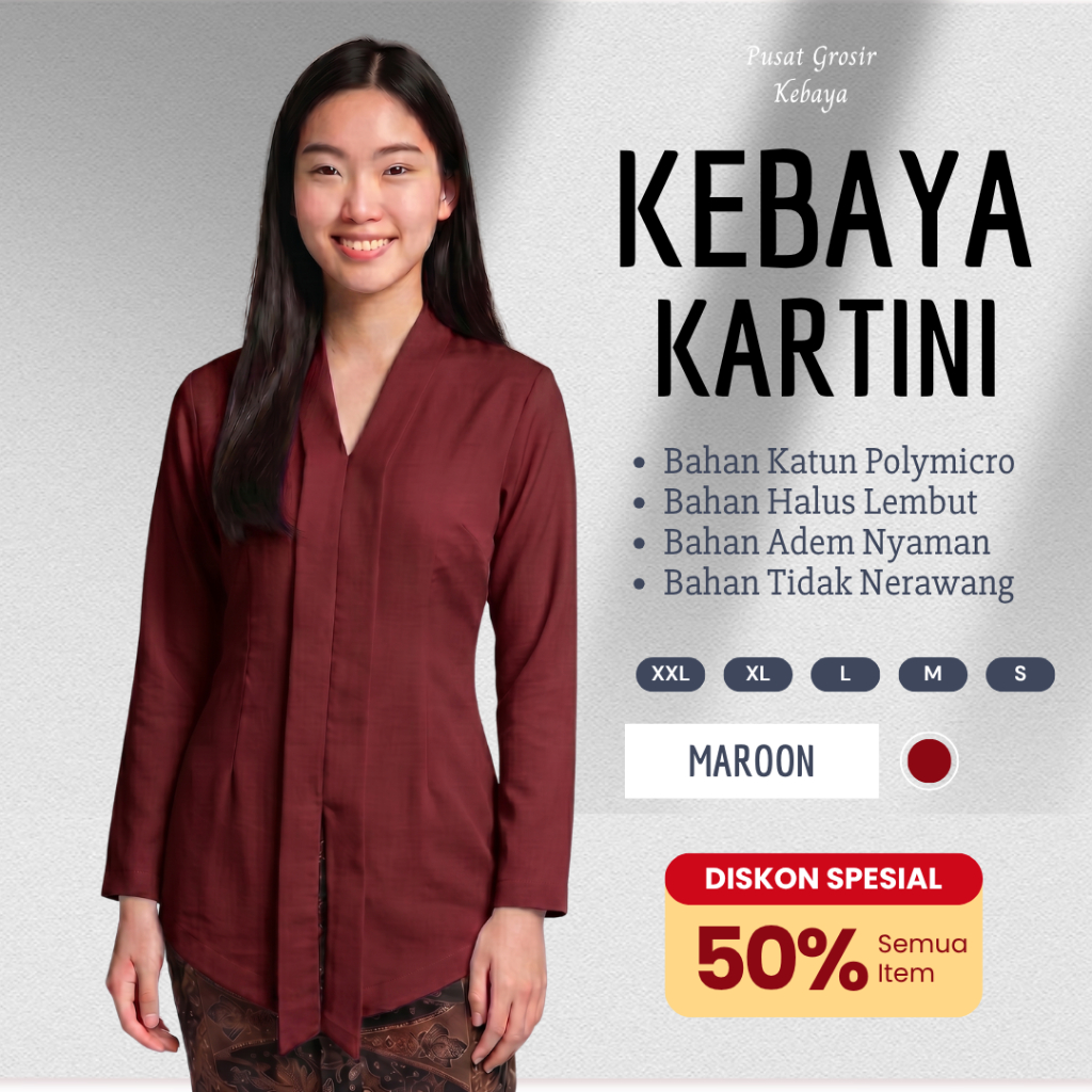 Kebaya Kartini Modern Polos Atasan Wanita Tangan Panjang Bahan Katun Premium Warna Merah Maroon Ukur
