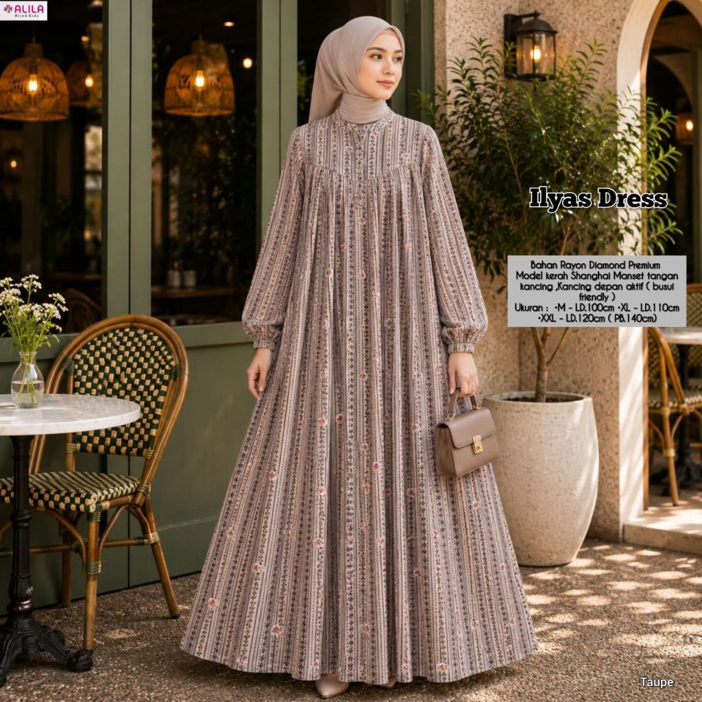 ILYAS DRESS HAYYA DRESS ALILA MOTIF BUNGA SOFT KALEM CREAM BLACK PREMIUM GAMIS WANITA MUSLIM MOTIF B