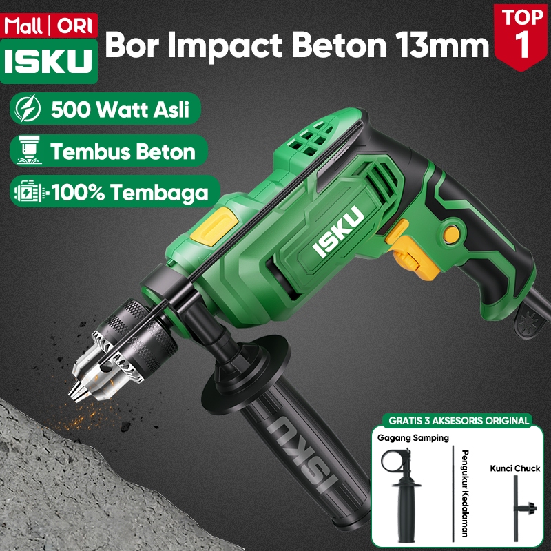 ISKU Mesin Bor Impact Drill 13mm 500W Asli Bor Tembok Beton Listrik Dinamo 100% Tembaga Murni Anti B
