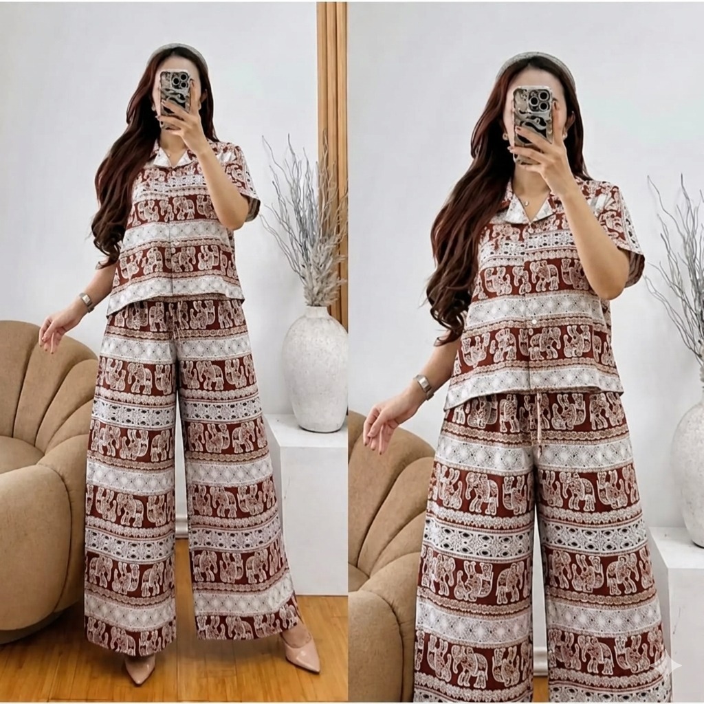 Setelan Crop Motif Gajah One / Set Crop Wanita Kekinian /  One Set Crop Celana Kulot Jumbo