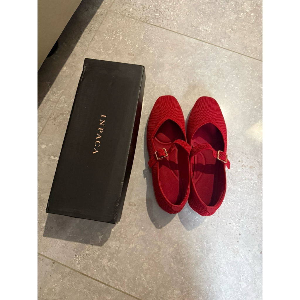 INPACA Maia Ballerina Knit Flatshoes Square Toe Mary Jane preloved red