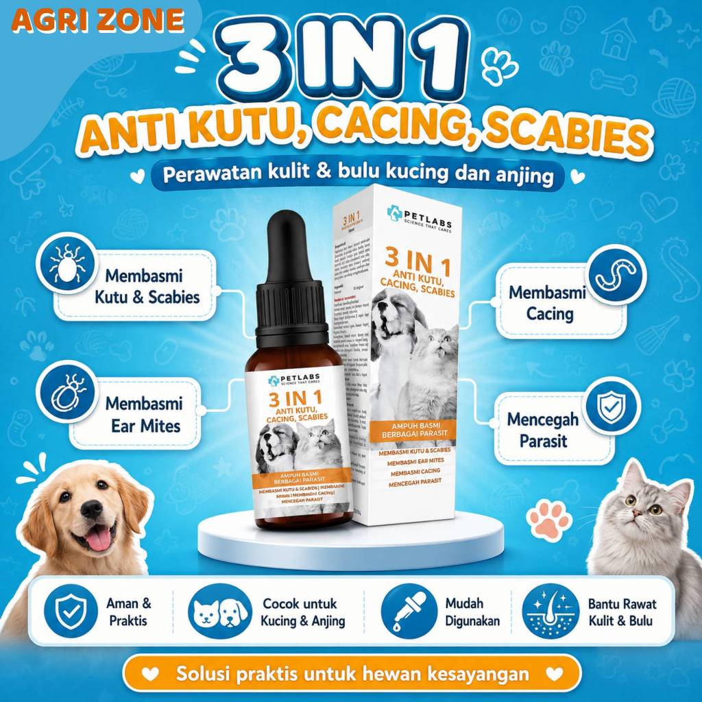 [LARIS] 3in1 Anti Kutu Cacing Scabies Kucing Anjing 50ml – Basmi Tungau Parasit Lengkap, untuk Pet S