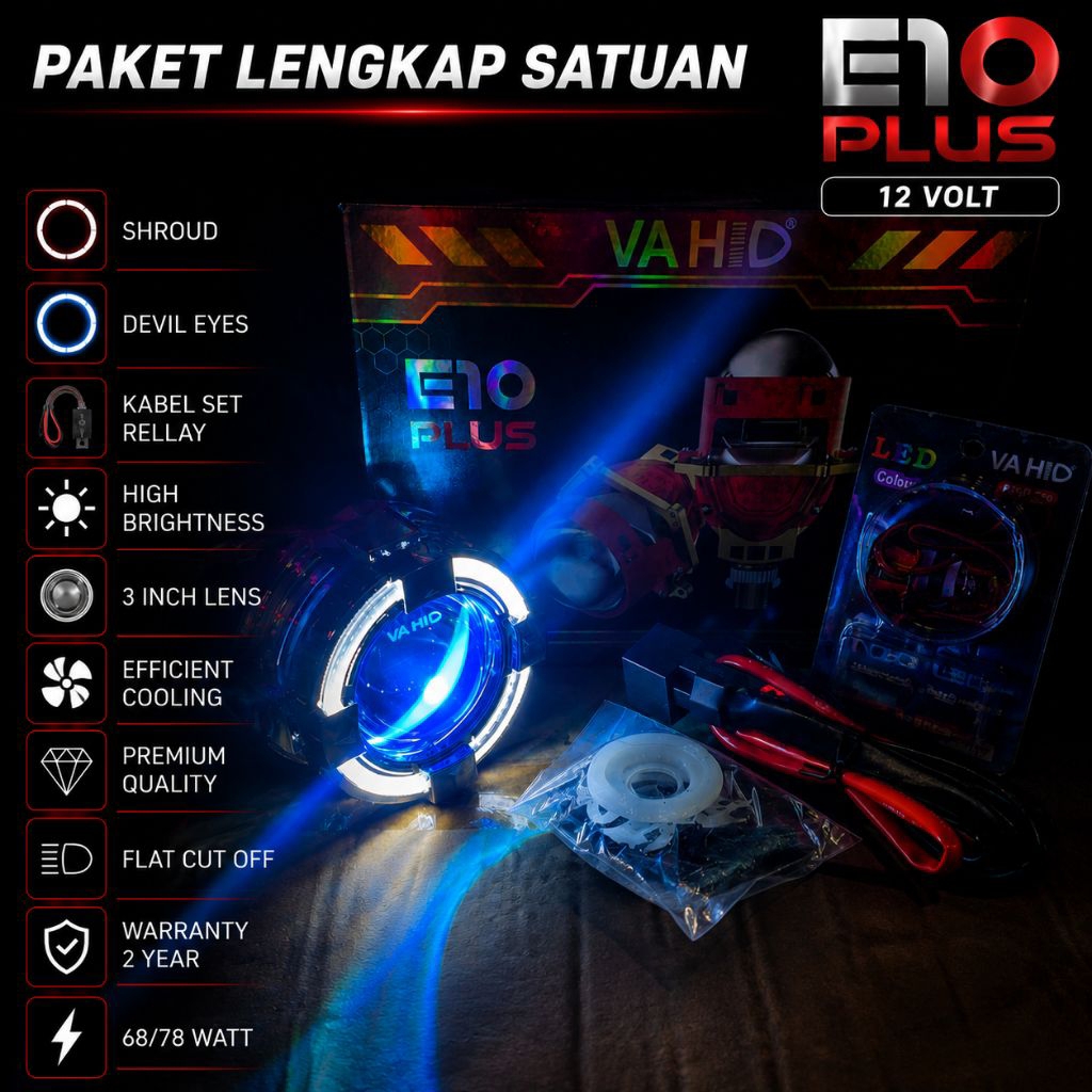 E10 Plus | Paket Lengkap Satuan Biled 3 inch | Lampu Biled Projie 3 inch | Vahid E10 Plus 68/78 Watt