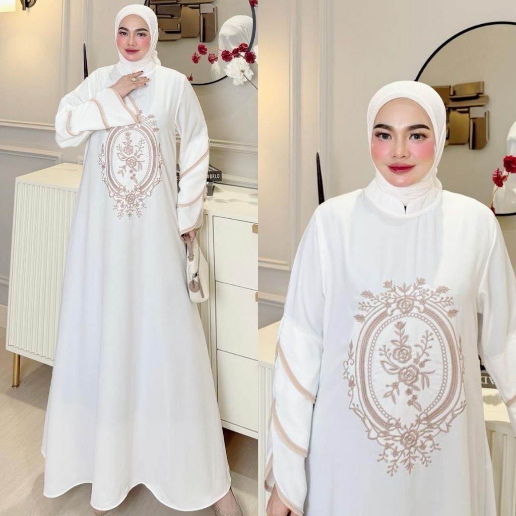 Nania Mahira Alzura Amara Marisa White Abaya Hitam Putih Series Dress Gamis Jumbo by Sinesa