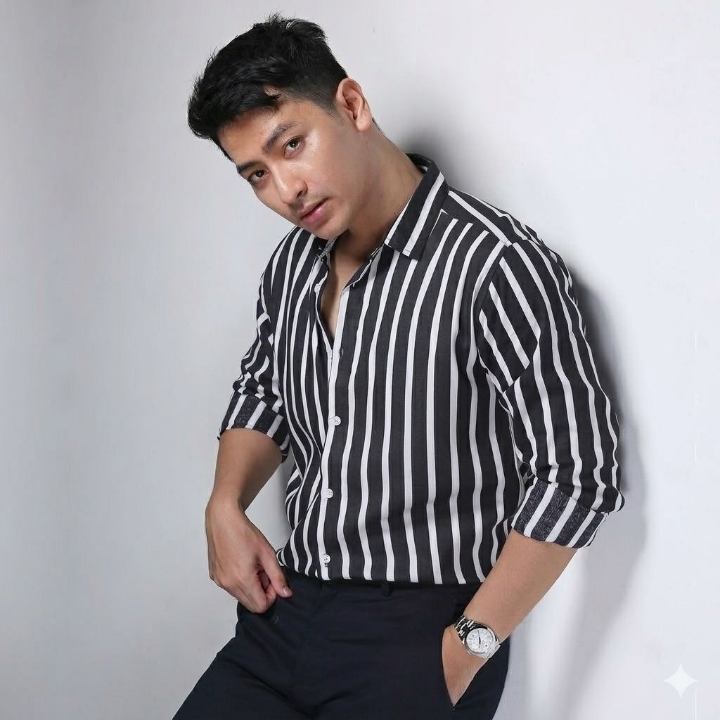 Kemeja Salur Pria Stripe Lengan Panjang Cowok Premium Distro Hem Garis Belang Merah Baju Strip