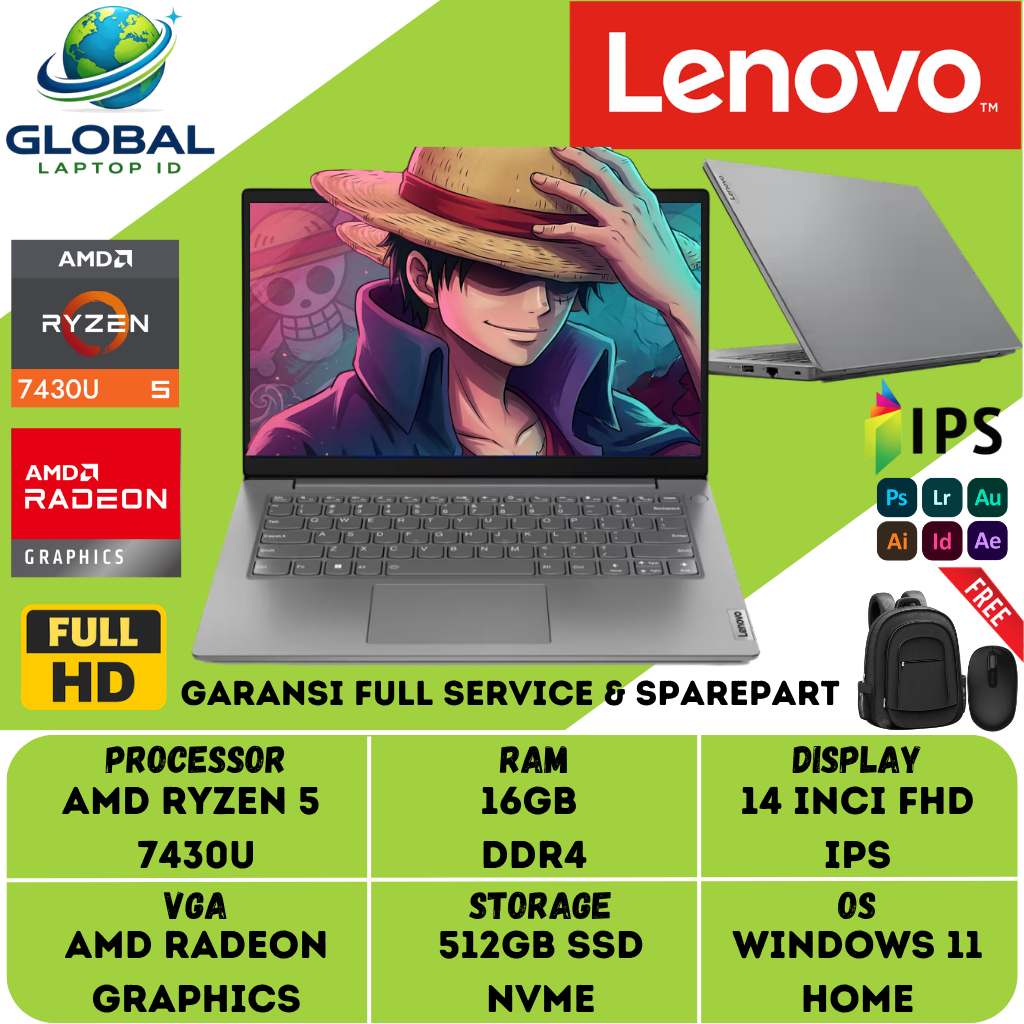 RESMI Laptop Lenovo V14 G4 Amd Ryzen 5 7430U RAM 16GB 1TB SSD 14" FHD Windows 11 Home + OHS 2021 Ori