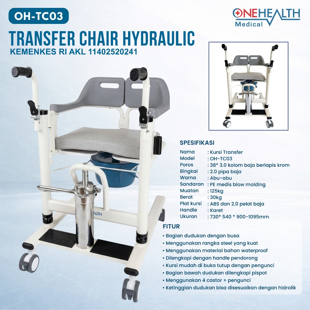 Transfer Chair Hydraulic Onehealth OH-TC03 - Kursi Transfer Pasien Hidrolik - Commode Chair
