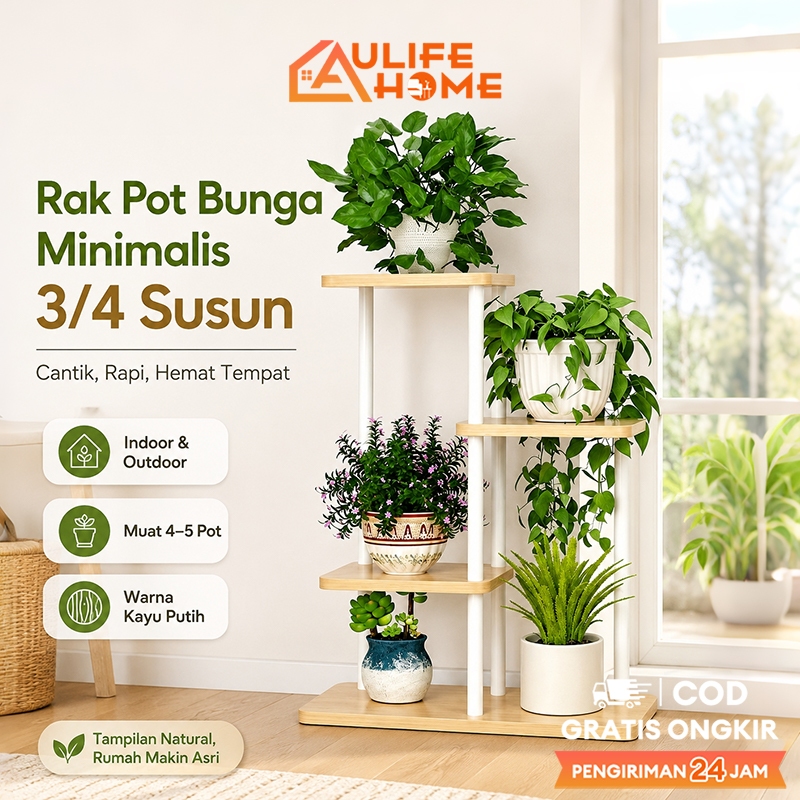 Rak Pot Bunga Minimalis 3/4 Susun Rak Tanaman Hias Indoor Outdoor Warna Kayu Putih