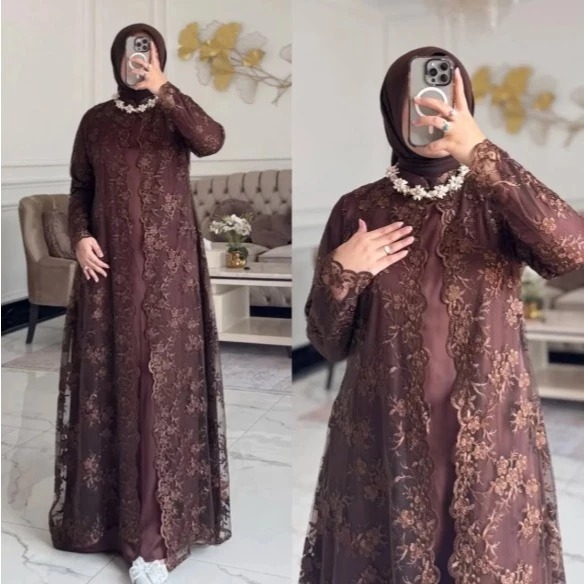 Baju Gamis Wanita Brokat Zellina Dress BC Size M L XL XXL XXXL LD 100-130 CM Bahan Velvet Mix Brukat