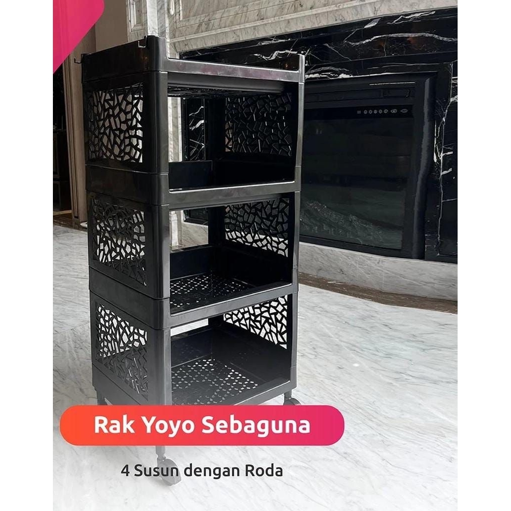 Rak YOYO Serbaguna 4 Susun Roda Plastik - Rak Hitam Serbaguna Dengan 4 Susun - Rak Plastik Serbaguna
