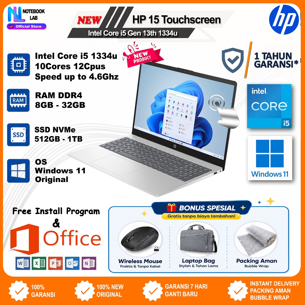 Laptop Touchscreen HP 15 Core i5 Gen 13 1334u | Core 5 120u Gen 14 | Core i5 1235u Gen 12 Garansi 1t
