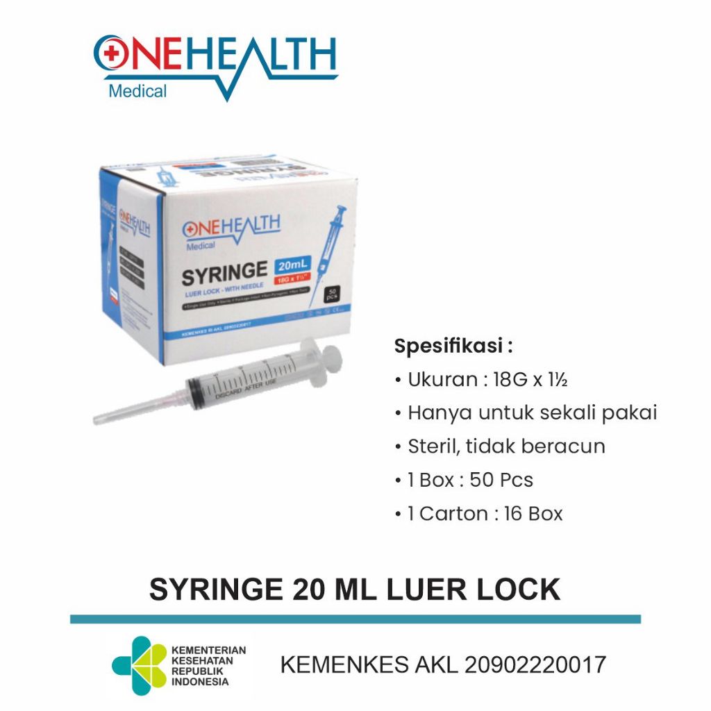 Disposable Syringe Onehealth 20ml Spuit 20cc - Jarum Suntik Suntikan 20 cc