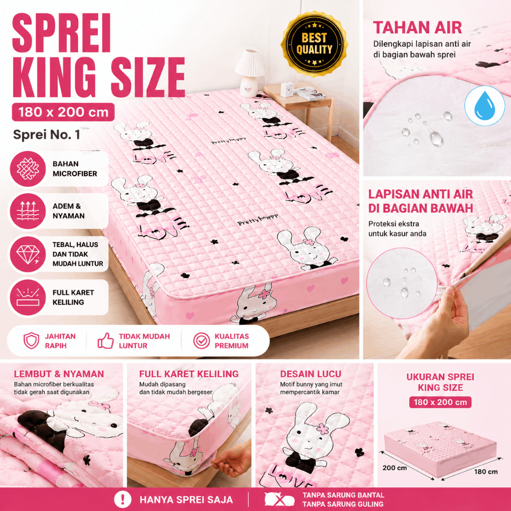 Sprei Waterproof Tahan Air 180x200 King Size Full Karet Keliling Anti Ompol Alas Kasur Tebal