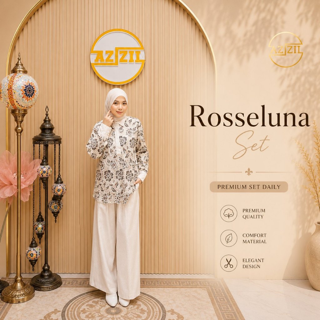 Azizil Fashion | Rosseluna Set Muslimah Premium Wanita Tunik Motif Elegant Korean Style Outfit