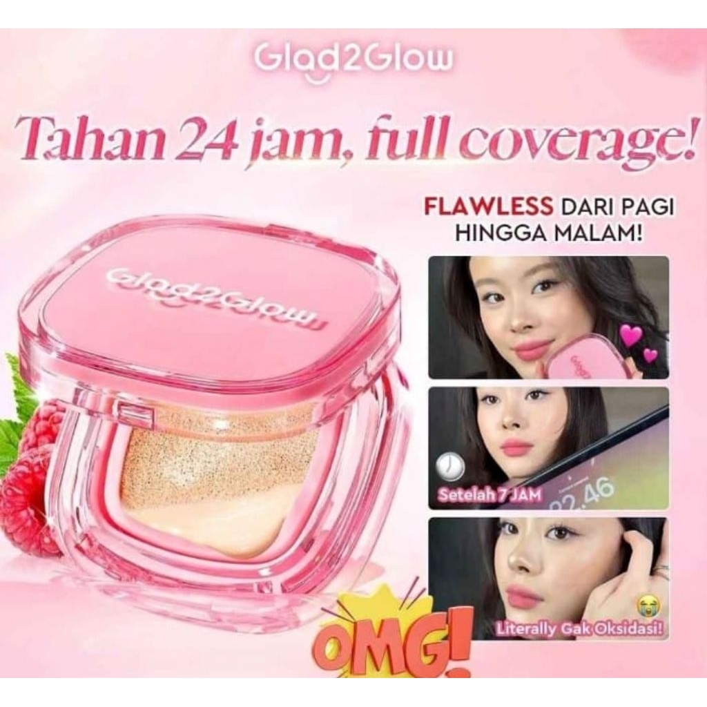 Bedak Glad2glow 2in perfect pair cushion powder foundation waterproof  ori make up bedak Tahan lama 
