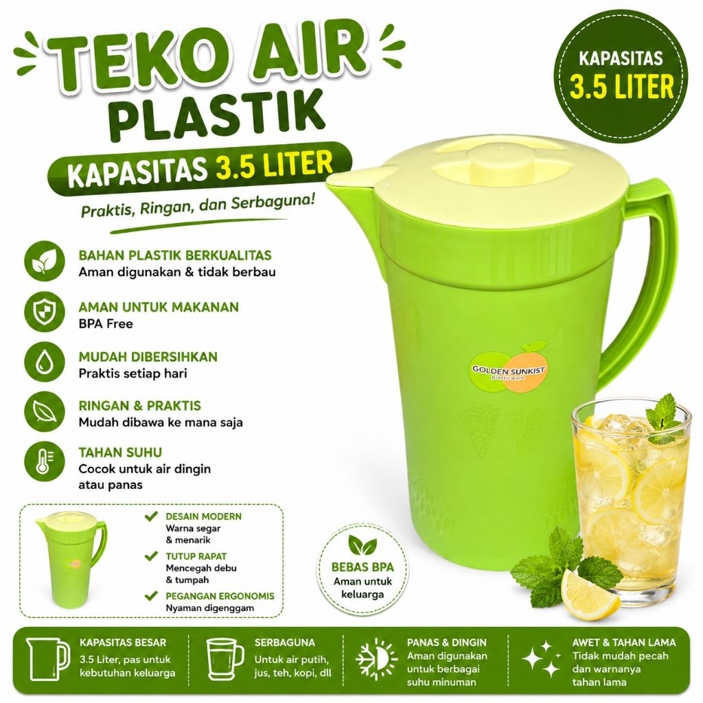 Teko Eskan Air Plastik Hijau 3.5 L Golden Sunkist KAB-3018 Kicthenware