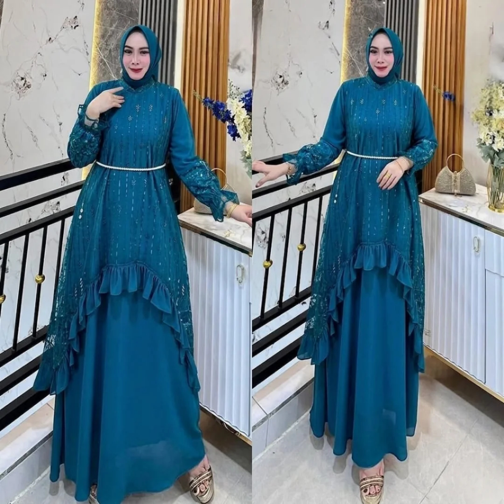 Gamis Wanita Mewah Silvana Dress Gamis Bini Orang Viral Bahan Ceruty Babydoll Mix Brukat Premium