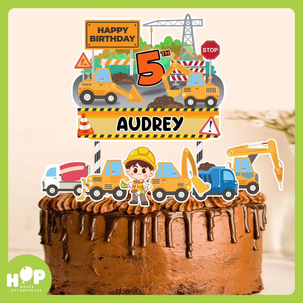 Topper Cake Konstruksi Alat Berat + Custom Nama Umur / Hiasan Kue Ulang Tahun Tema Construction / Tu