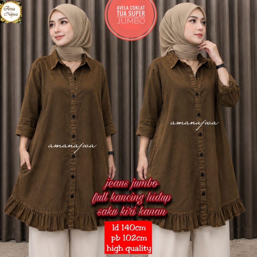 TUNIK JEANS SUPER JUMBO LD 140 ATASAN KEMEJA WANITA BAHAN JEANS BAJU WANITA BIGSIZE TERBARU KEKINIAN