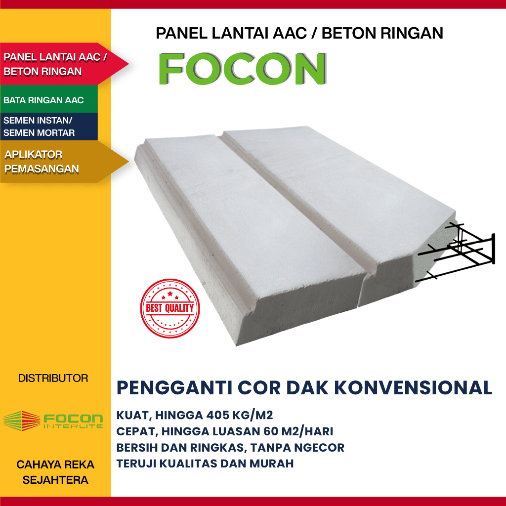 Panel Lantai AAC Beton Ringan Focon Kuat, Ringan, Hemat, Berkualitas, Tanpa Ngecor | Harga per m3 | 