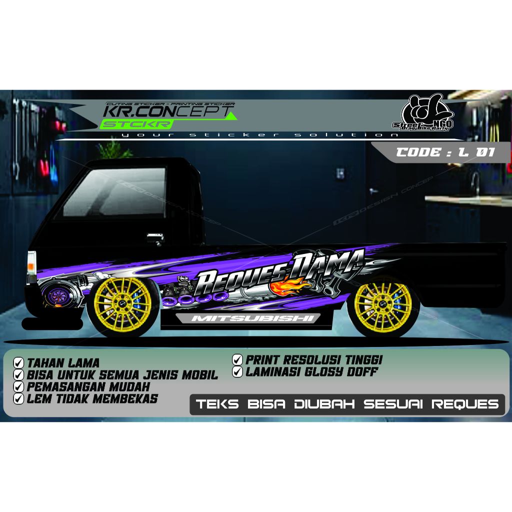 DECAL TRIBAL TURBO UNGU SAMPING MOBIL PIC'UP L300,  L 01
