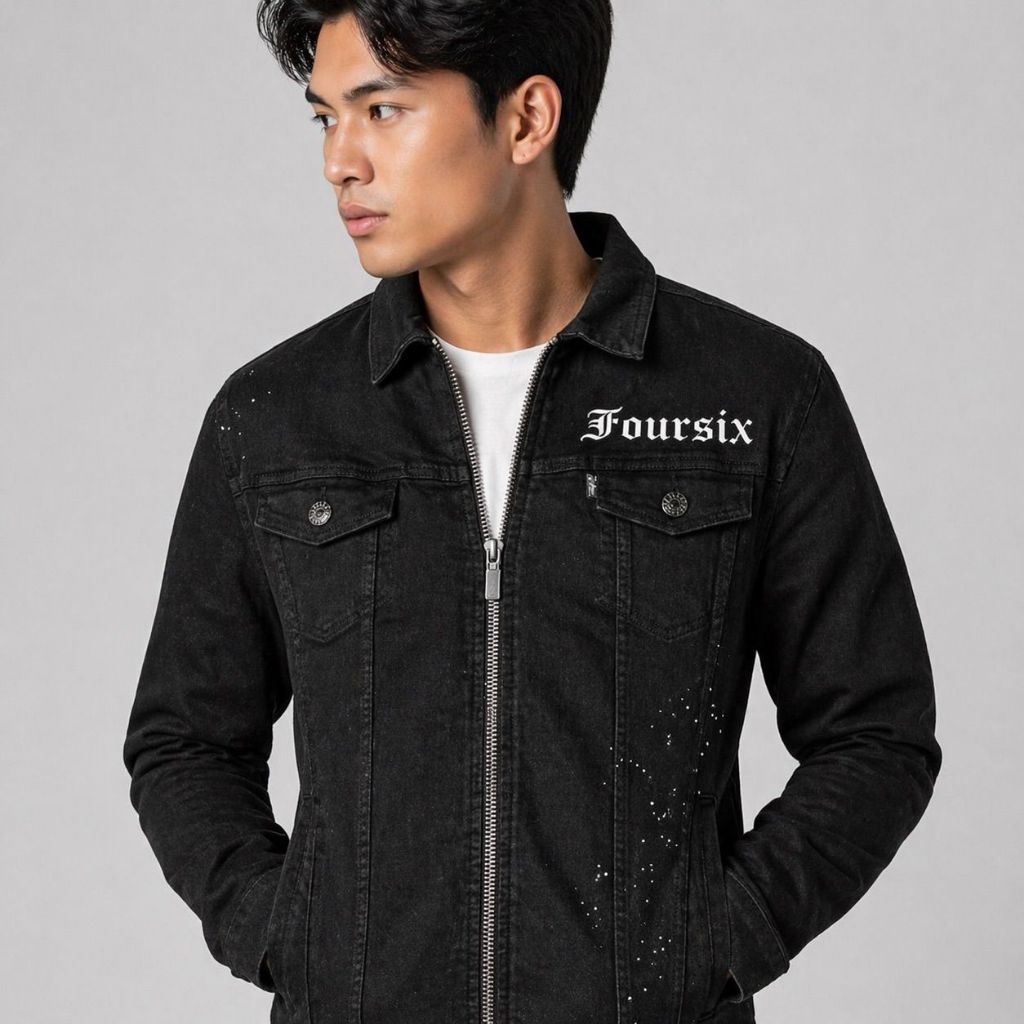 Jaket Jeans Denim Resleting Kombinasi Putih FOURSIX Kerah Shanghai Hitam Resleting
