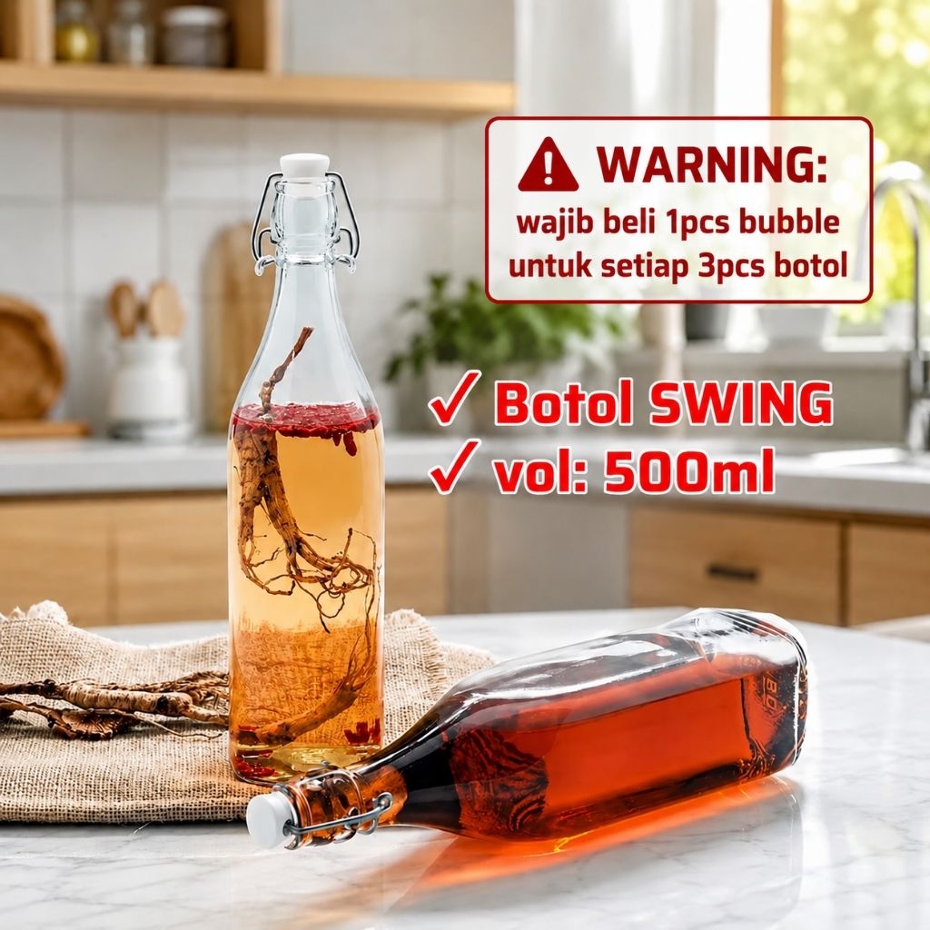Botol Kaca Tutup Swing 500ml KOTAK/ Botol Kaca Kombucha Kopi Susu/ Swing Glass Bottle CS-G21