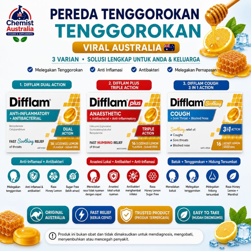 Difflam Plus Anaesthetic Honey & Lemon Throat Lozenges Tenggorokan ECER 16 Tabs