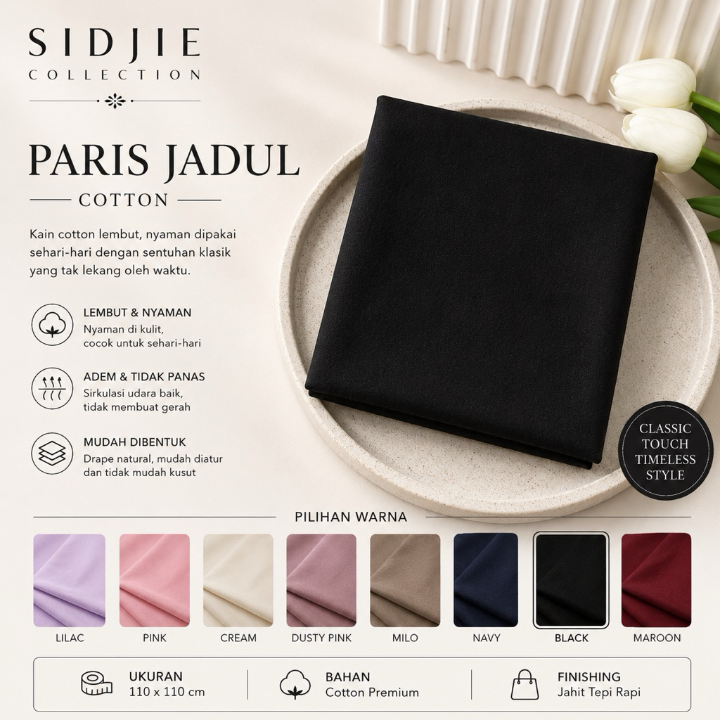 Kerudung Paris Jadul Premium Polos Segi Empat Hitam Polos Hitam