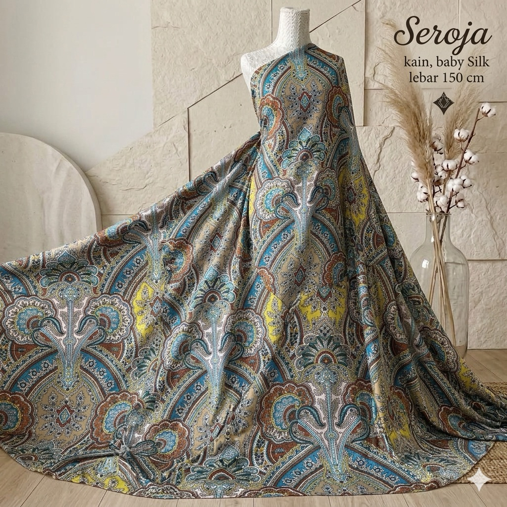 Kain Satin Silk Motif Etnik Abu - Lebar 150cm Kyt