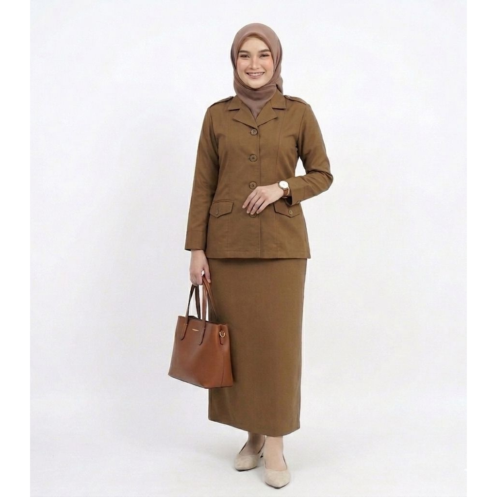 Baju setelan seragam pemda khaki model saku bawah semi blazer rok span rempel belakang,baju dinas se