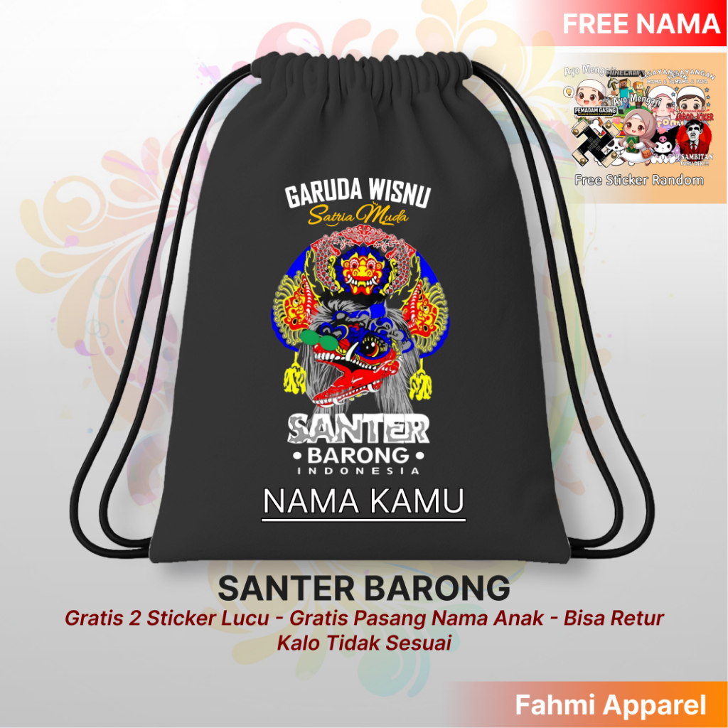 Tas Serut Anak Santer Barong Free Nama | Tas Serut Anak Barong GWSM Gratis Custom Nama