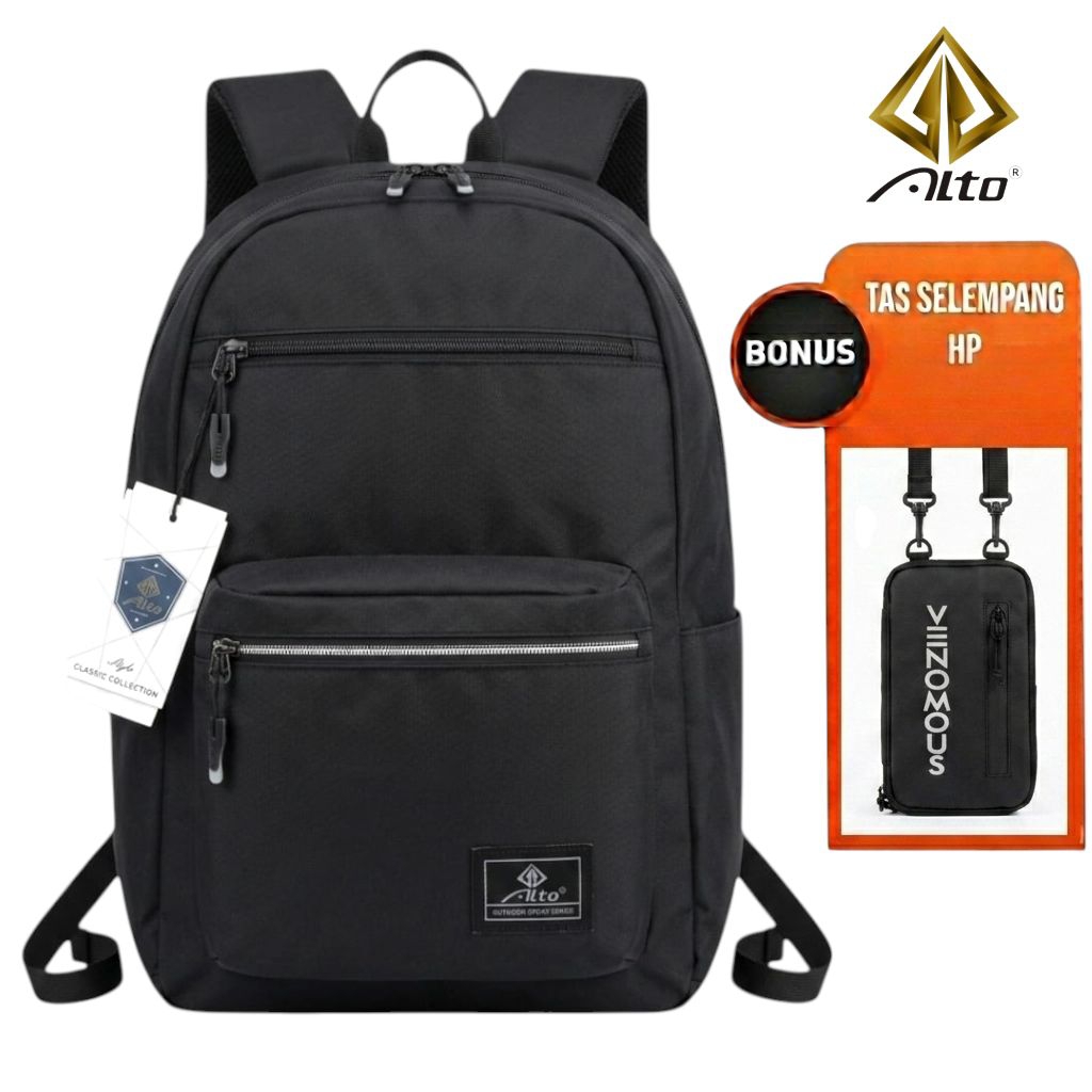 Tas Ransel Alto Pria Original Bonus Tas Hp Backpack Sekolah Kuliah Kerja Hitam