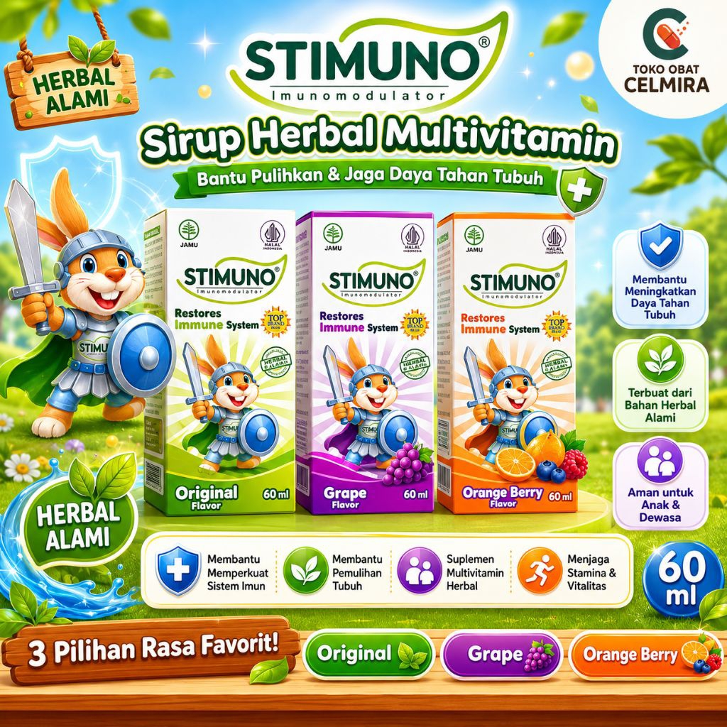 Stimuno Sirup Herbal Multivitamin Anak 60ml Original Grape Orange Berry Original Imunomodulator Pena