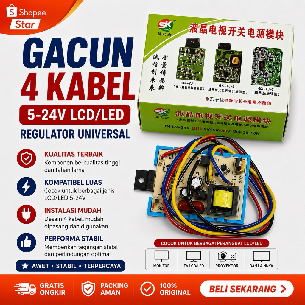 Gacun 4 kabel Led Stabil 5-24V Untuk TV LCD/LED