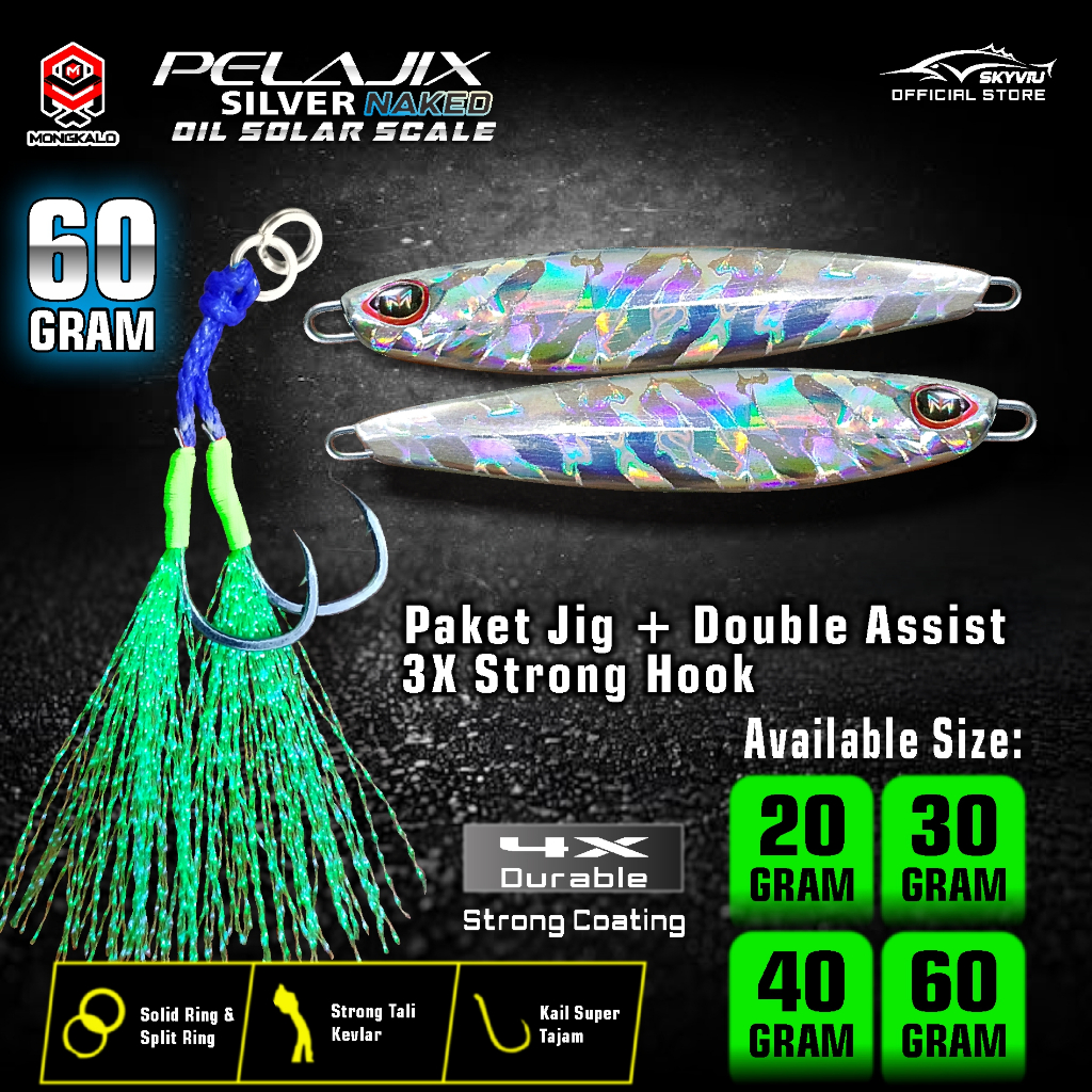 Metal Jig 60 Gram MONGKALO PELAJIX Hologram Naked 1 Set Double Assist Hook Umpan Metaljig 60g Silver