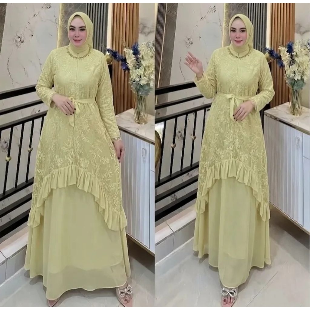 gamis pesta viral warna butter yellow 2026 terbaru / trendy brukat kondangan bini orang emerald blue