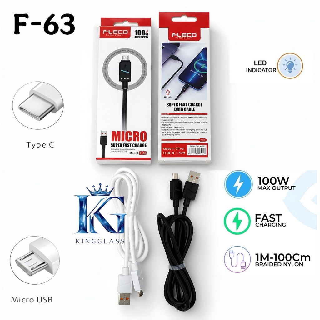Kabel Data Fleco F-63 Micro USB / Type-C Fast Charging 100W LED Indicator 1M Charger Android [RAG]