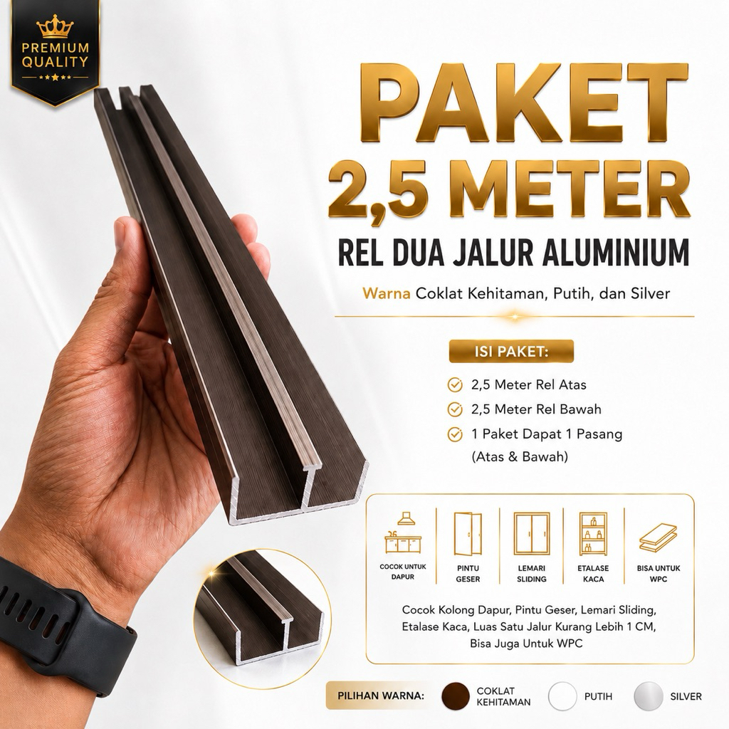 Rel Aluminium 2 Jalur (Paket 2,5 Meter Atas Bawah untuk Kolong Dapur, Pintu Geser, Lemari Sliding)