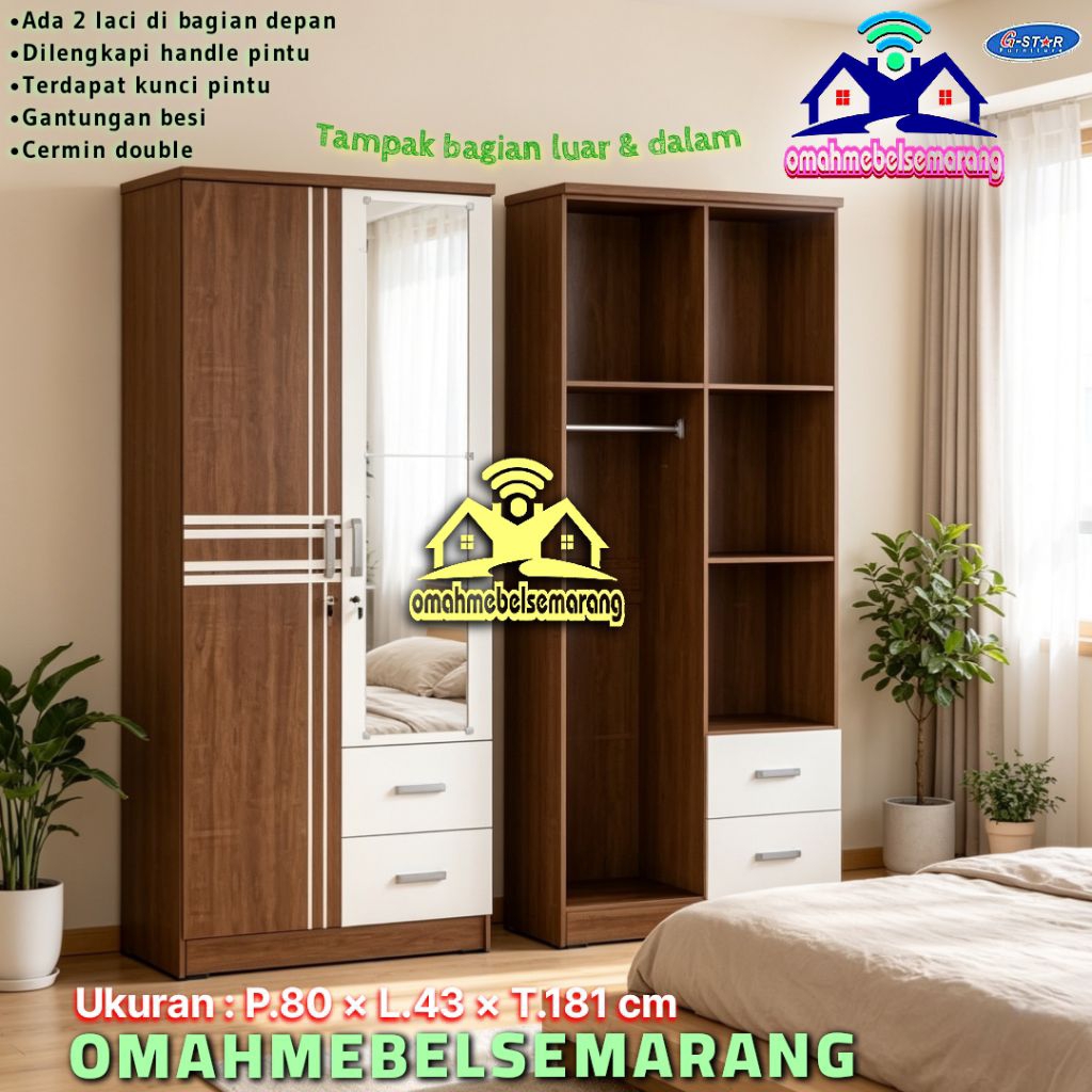 Lemari Pakaian 2 Pintu Laci 2 GSTAR LLSP LUNA tempat Rak Baju minimalis Furniture Mebel