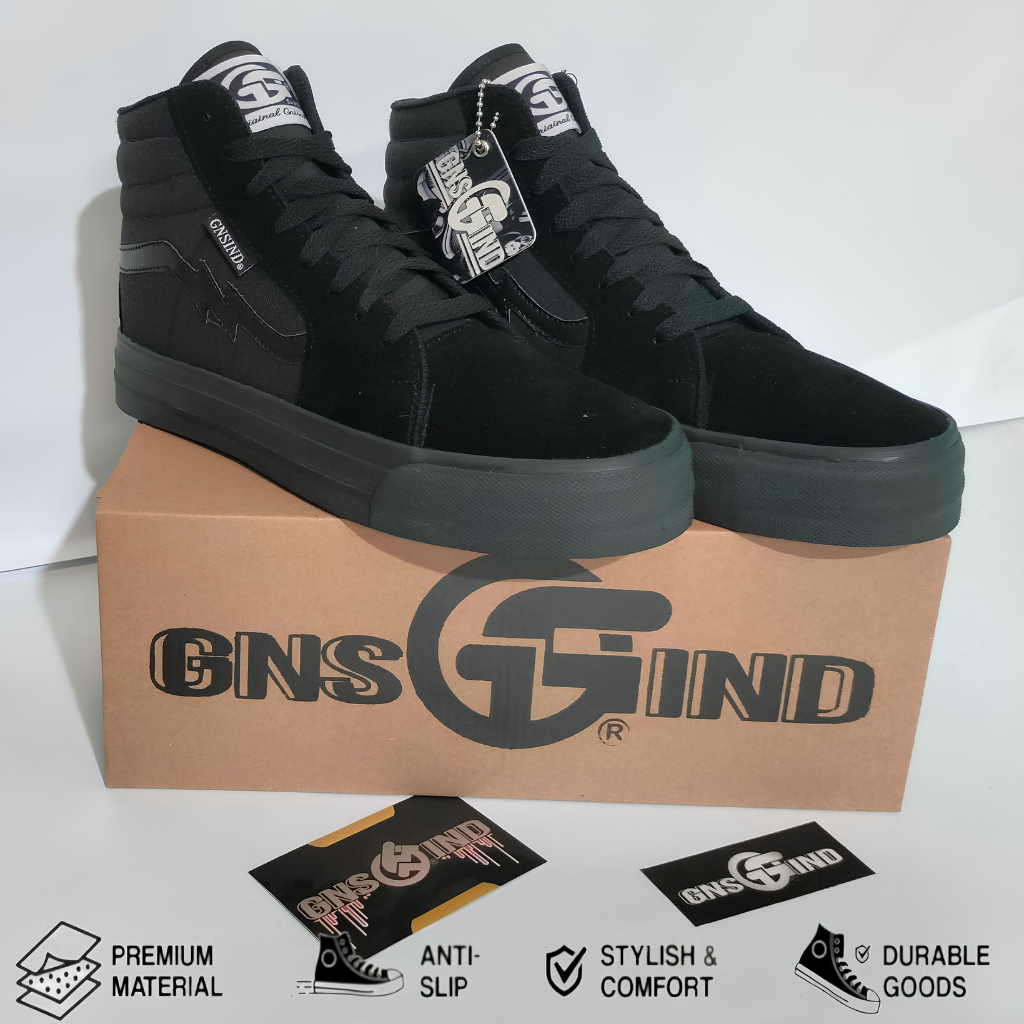 Sneakers Sekolah Gns Ind Original Full Black GN'96 High Sepatu Booth Hitam Polos Gns'Ind