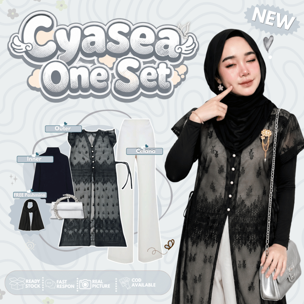 NEW Cyasea One Set Outer Brukat Wanita Setelan Muslimah Kekinian Inner Celana Scuba Pashmina Free Hi