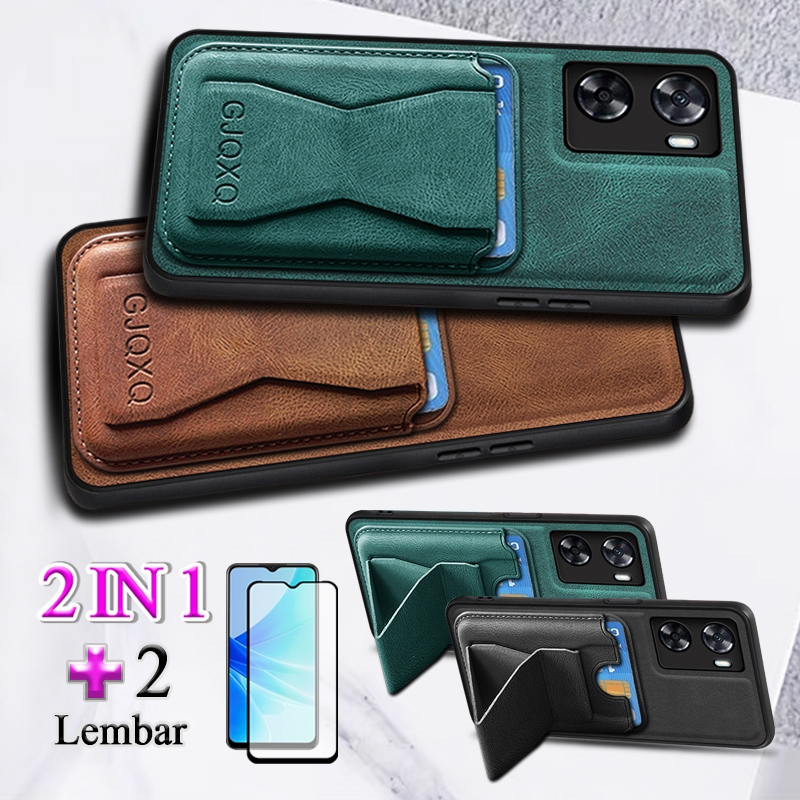2 In 1 Case For OPPO A57 4G Casing Ponsel Kulit Premium Dengan Slot Kartu Kredit Dompet Dan Film Ker