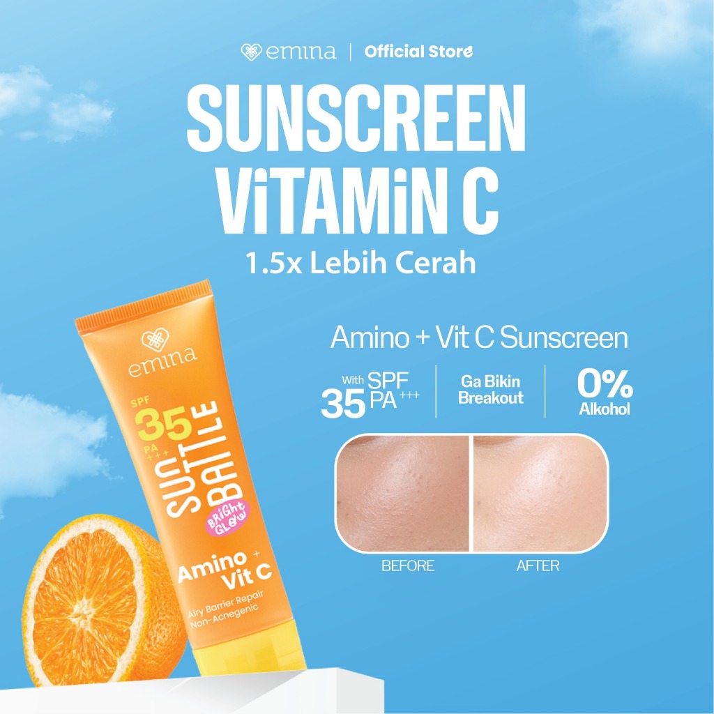 EMINA Sun Battle Bright Glow SPF 35 PA+++ - Sunscreen Wajah Serum Amino Vitamin C - Cerah, Ringan, H