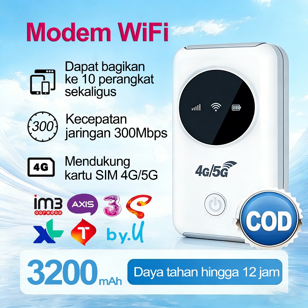 WiFi Portabel 4G LTE Modem MiFi 3200mAh 300Mbps Tanpa Kabel pocket wifi all operator sim card