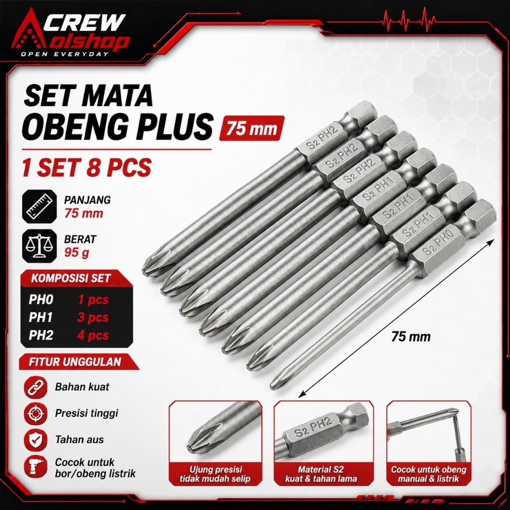 1 Set 8pcs Mata Bor Obeng Plus Magnetic 75mm 8pcs Anti Slip PH1 PH2