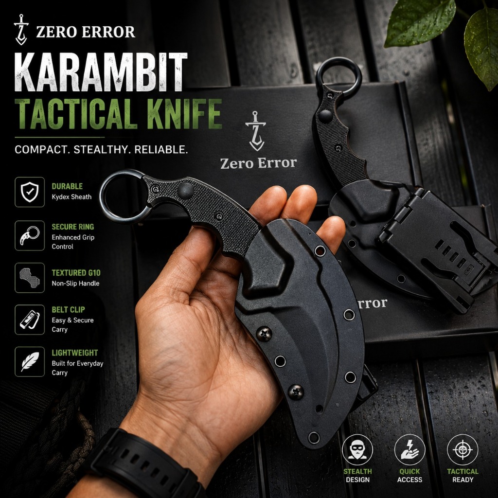 Pisau Karambit Tactical Zero Error – Full Tang, Bilah Stainless Steel, Sarung Kydex, Pegangan Ergono