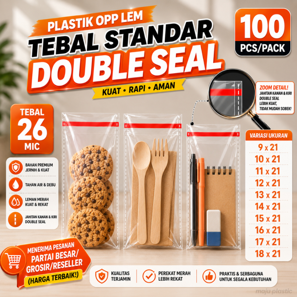 Plastik OPP Lem Tebal Standar 26 Micron Isi 100 pcs – Bening Seal Merah (9x21 10x21 11x21 12x21 13x2